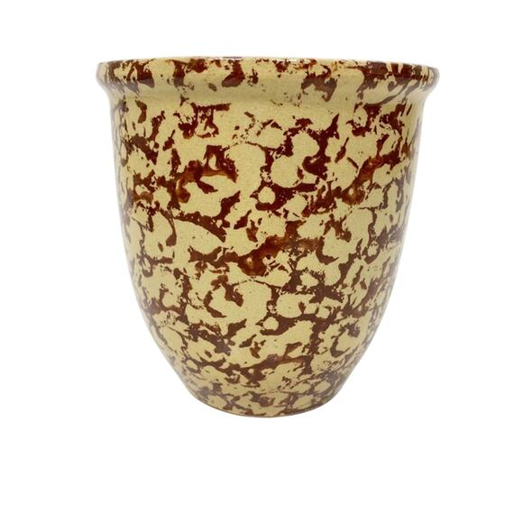 vintage brown tan spongeware pot stoneware crock art pottery 5.5" tall - Picture 8 of 8